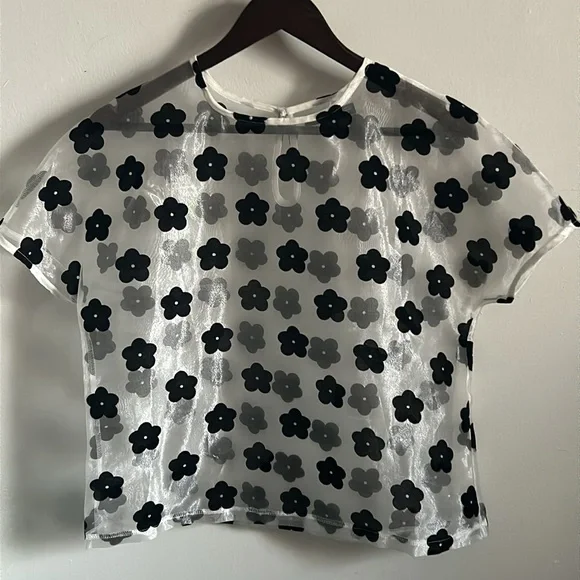 Nasty Gal Women’s Boxy Shimmering Sheer Felt Floral Appliqué Festival Summer Top - Picture 2 of 9